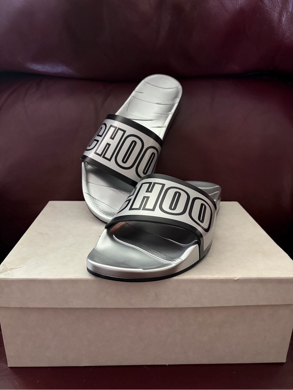 Jimmy Choo Silver Slide Sandals with Black Logo Strap